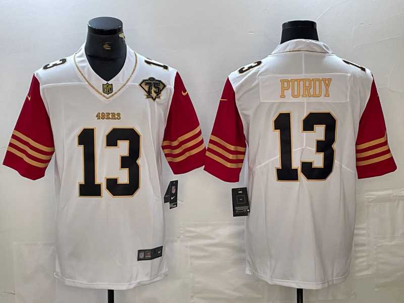 Mens San Francisco 49ers #13 Brock Purdy White 75th Patch Golden Edition Stitched Nike Limited Jersey Dzhi